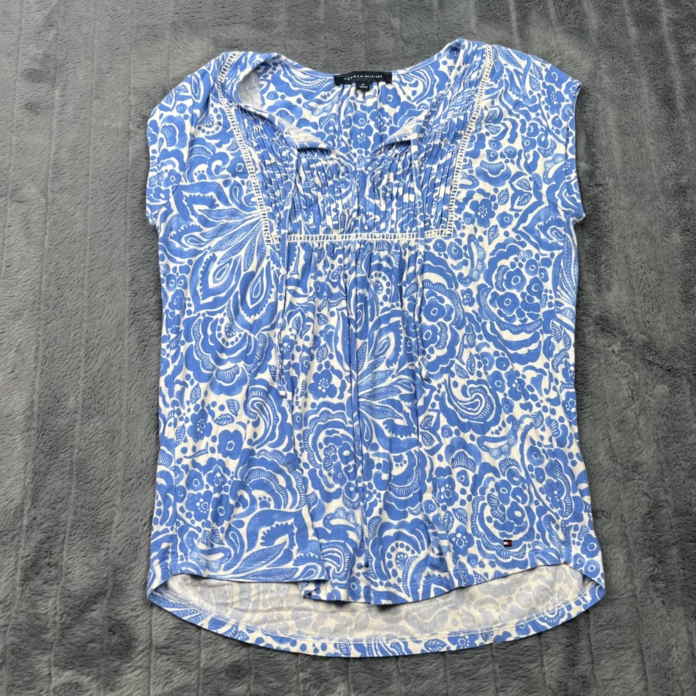 Tommy Hilfiger Womens Blue White Floral Paisley Pintuck Blouse M Short Sleeve